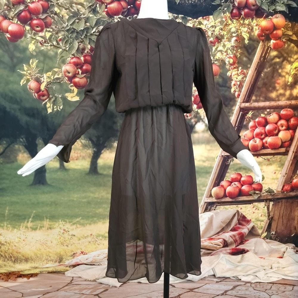 Vintage 1970s Brown Chiffon Gathered Skirt Pleated Midi‎ Dress Gown Long Sleeve
